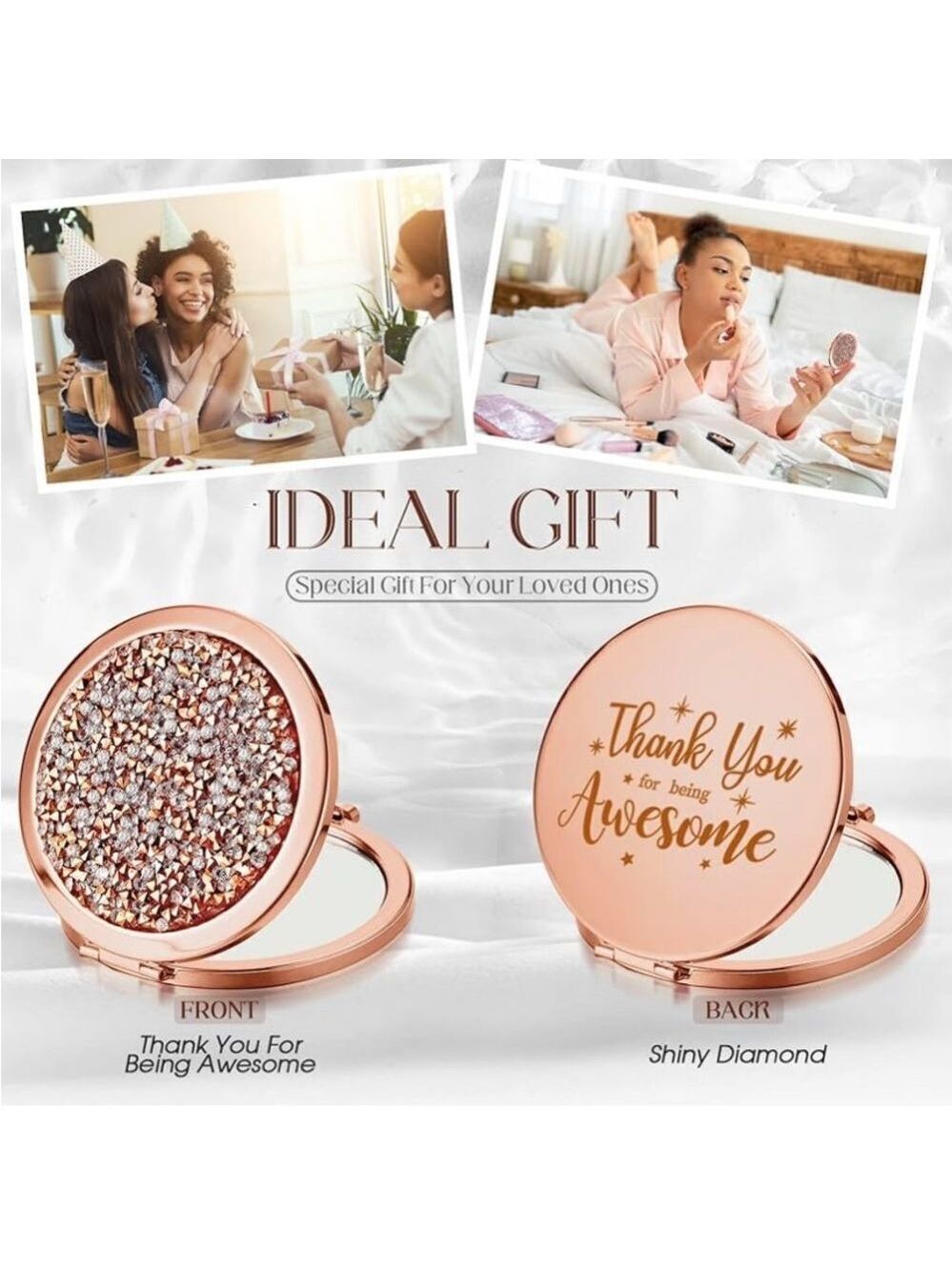 Box of 6 Rose Gold Compact Mirror “Thank You For Being Awesome” with rhinestones - Picture 4 of 5